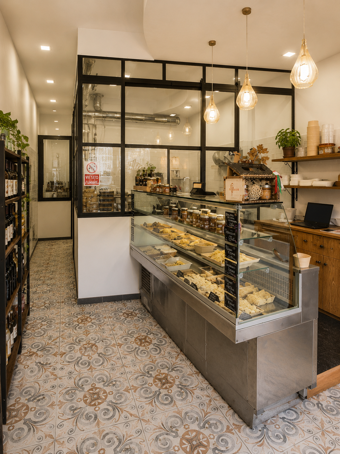 Interno della bottega con vetrina, scaffali di vini e pavimento decorato